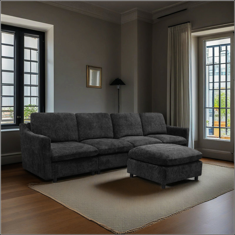 Canapé modulaire en tissu 4 places avec repose-pieds Cloud, Lin noir