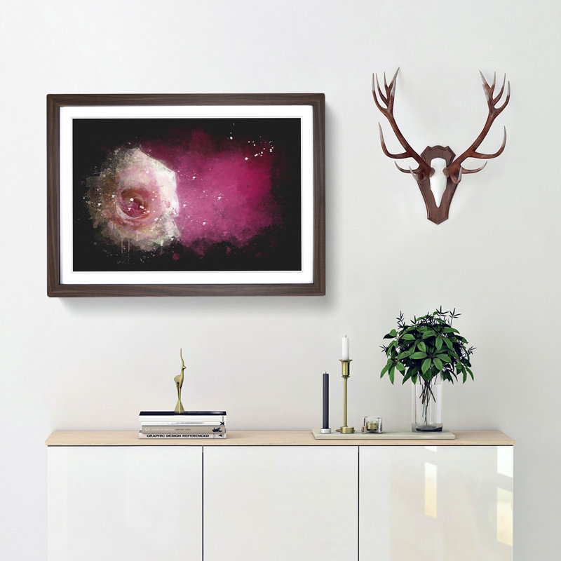 Lone Pink Rose Paint Splash - Picture Frame Graphic Art, 24cm H x 33cm W x 2cm D, Walnut Framed