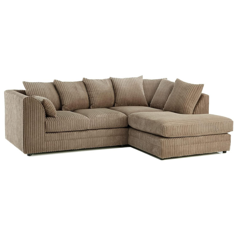 Jumbo Cord Upholstered Corner Sofa Small Back Cushion with Foot Stool , Beige, Right Hand Facing