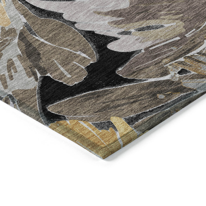 Black and Yellow Floral Synthetic Washable Rug, 2'6" x 3'10"