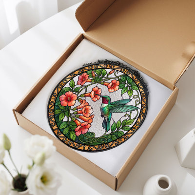 Vitrail de vitrail Hummingbird Floral - 7,8 H
