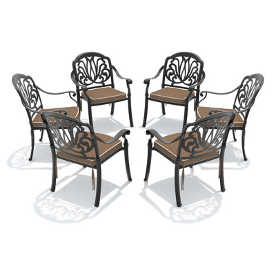 Chaise de patio en fonte d'aluminium 6 pièces avec structure noire et coussins bruns