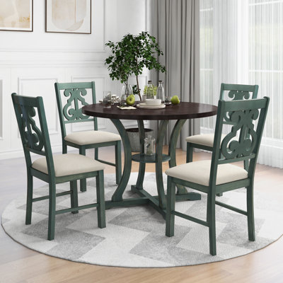 Table de salle à manger 5 pièces et 4 chaises en tissu avec pieds de table et tablette de rangement