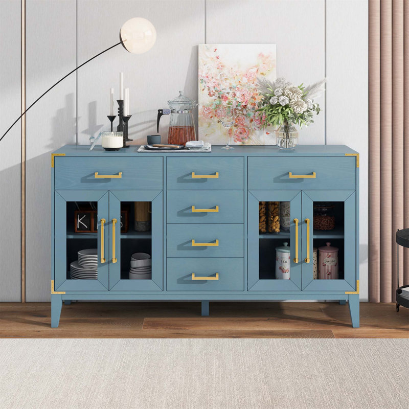 Buffet avec table en bois d'hévéa Mankato, Bleu antique