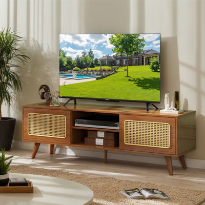 Farmhouse Rattan TV Stand For 65 Inches TV Mid-Century Modern Entertainment Center With Solid Wood Feet & Rattan Cabinet Doors & Power Outlets & USB C -  Bay Isle Home™, 636A03BC20FC49649EE43547F107A609