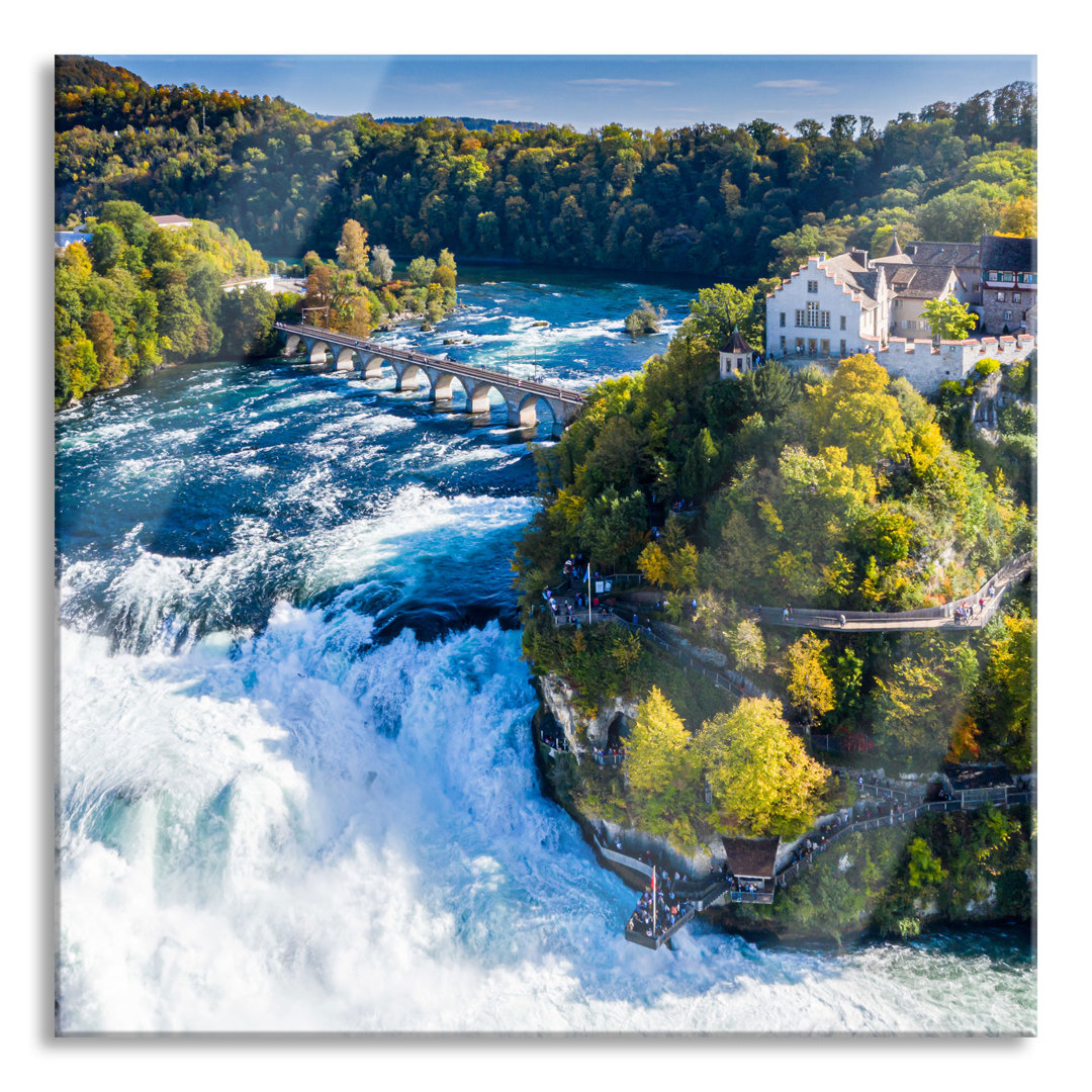 Glasbild Panorama vom Rheinfall in der Schweiz