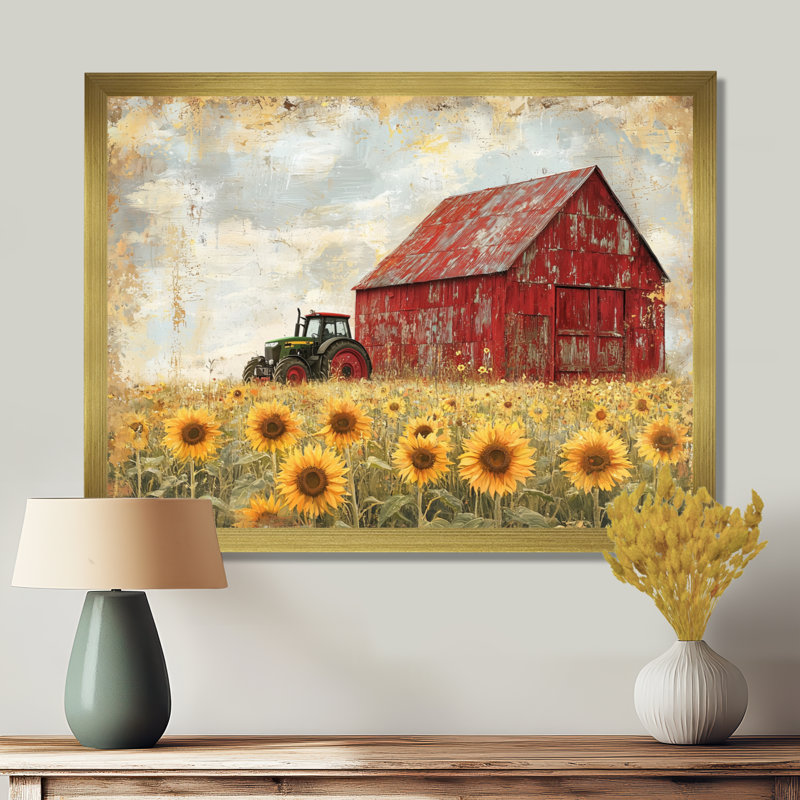 «Doxon Sunflowers And The Tractor Shed III» - Art mural sur toile, tournesols, Reproduction encadrée d'une seule photo, Doré