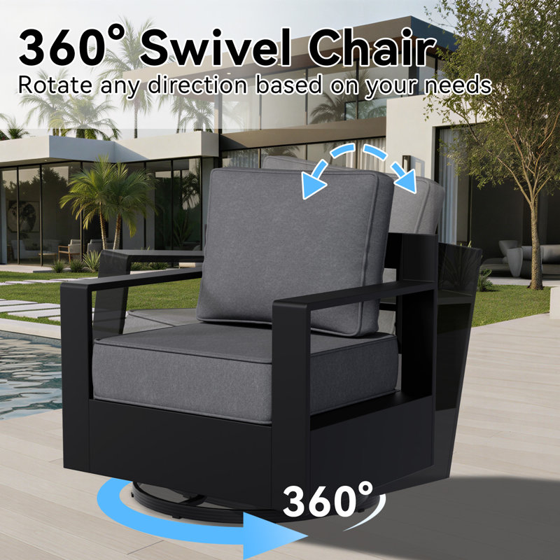 Abdullah 5-Piece Outdoor Aluminum Patio Conversation Set with 5000 BTU Gas Fireplace, 2 Swivel Chairs & 6 Inch Grey Cushions