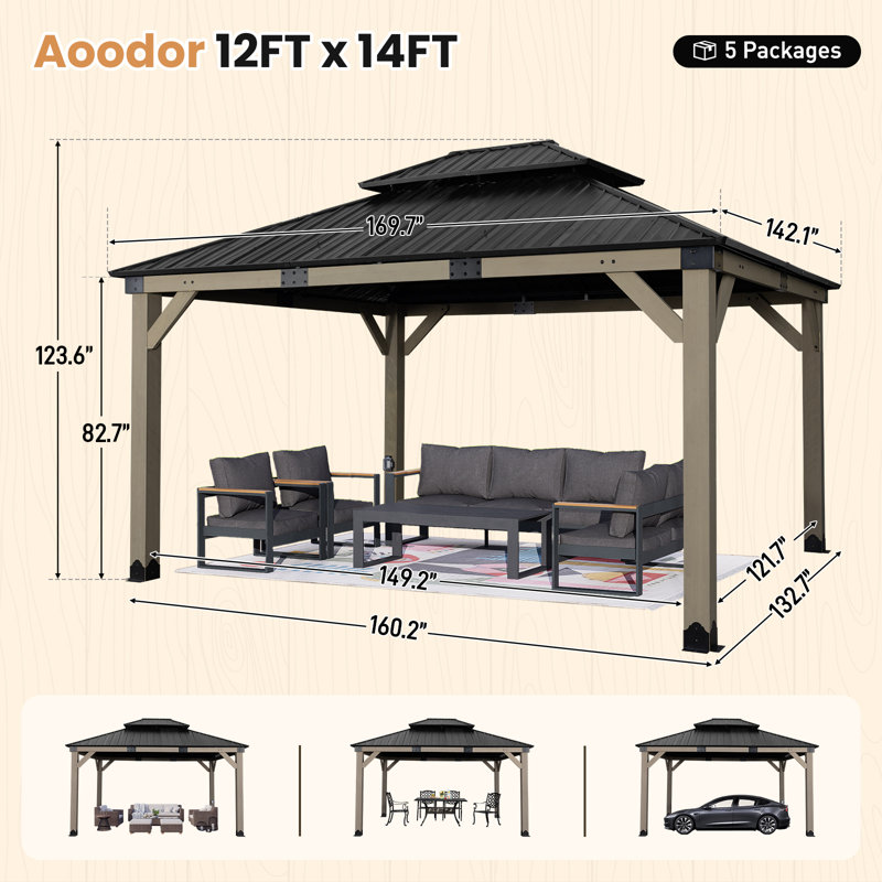 Aoodor Solid Wood Gazebo, 14ft W x12ft D