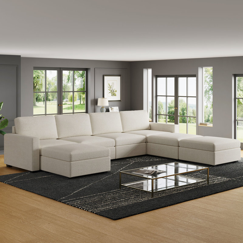 Wide U Shaped Sofa Storage Couch With Ottoman Chaise, Sectional Modular Sofa Livingroom Apartment Couch, Beige Chenille
