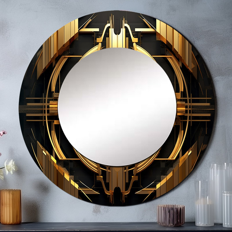 Gold And Black Cubist Visions I - Cubism Round Mirror Wall Decor, 29" x 29"