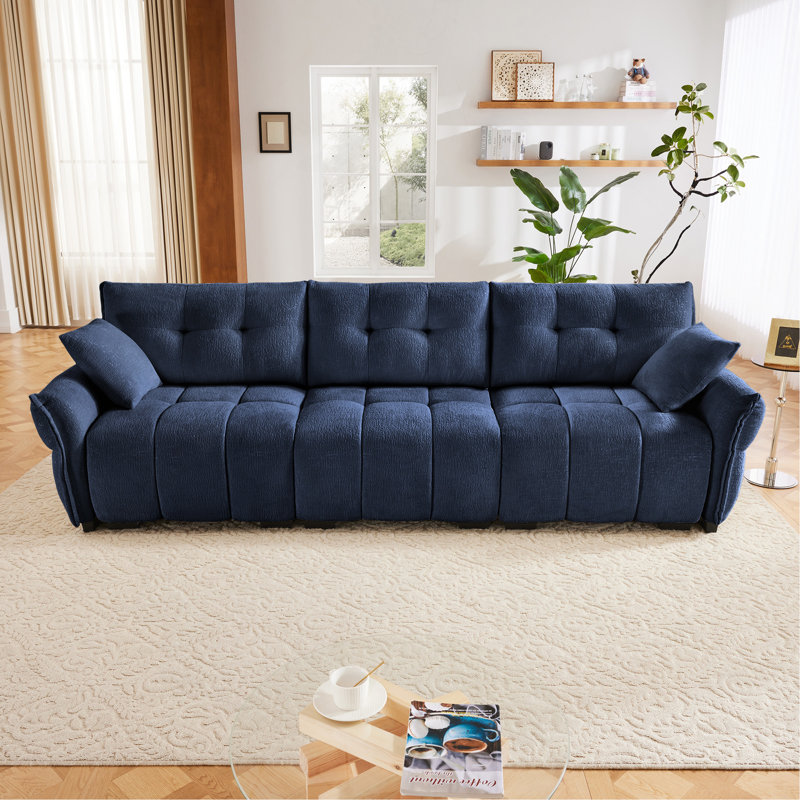 Chenille Fabric Upholstery Sofa with Ottoman, Blue, 35" H x 110" W x 33" D