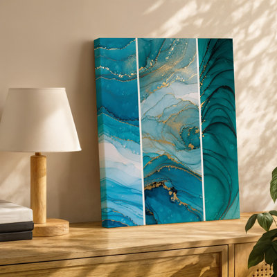 Toile, composition abstraite envoûtante avec des vagues tourbillonnantes d'art mural bleu sarcelle et azur riche entrecoupées de toile murale lumineuse