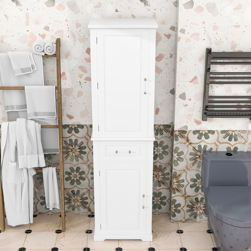 Grande armoire de rangement autoportante pour salle de bain avec tablettes réglables et tiroir, Blanc