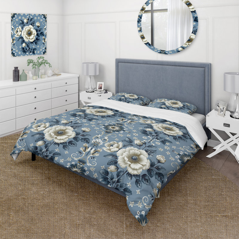 Ensemble de housse de couette à motif floral cachemire bleu et blanc, Housse de couette très grand + 2 taies décorativ
