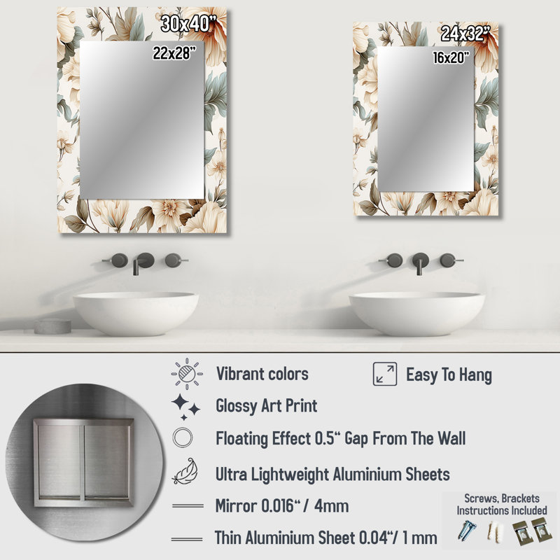 Fleurs rétro - miroir unique de plantes, grand miroir mural bohème, impression d'art en métal, 32 po x 24 po