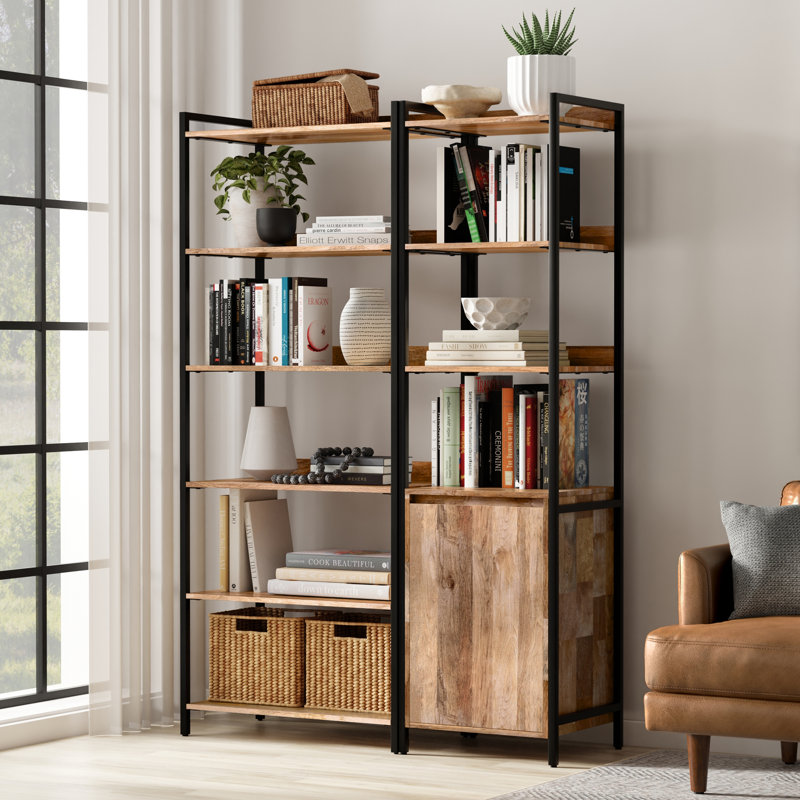 Tall Black Metal and Mango Wood Adjustable Bookcase Set