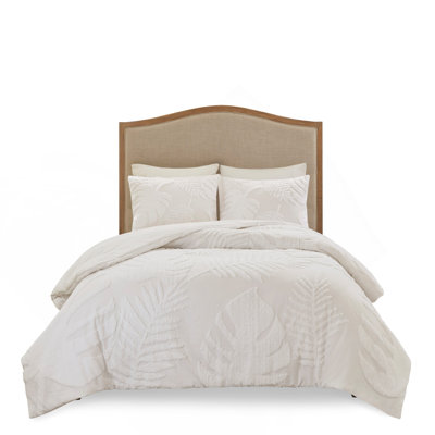 3 Piece Tufted Cotton Chenille Palm Comforter Set, Full/Queen, Coastal Style With Hypoallergenic Filling