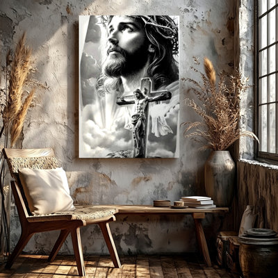Black White Jesus Crown Of Thorns Crucifix Cross Religious Poster Print Canvas Wall Art Print, Black White Religious Artwork For Living Room Bedroom Office, Hallway Gallery Wall, Apartment