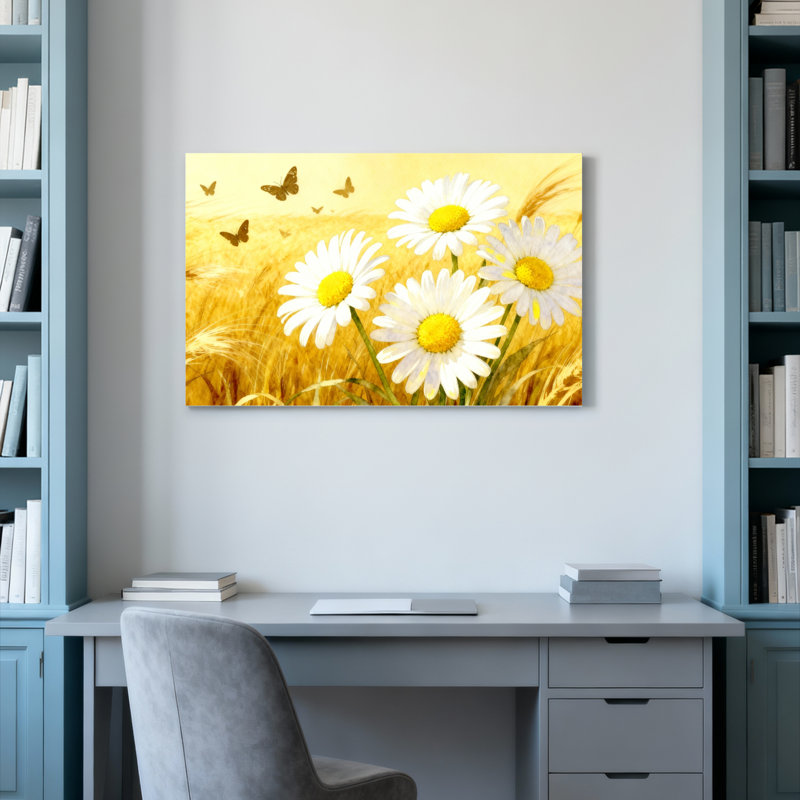 Ensemble d'une toile tendue représentant des marguerites et des papillons dans un champ doré, H 20 po x l 30 po