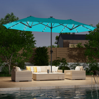 Parasol de marché 13 x 7,2 pi à DEL double face avec manivelle pour abat-jour de balcon