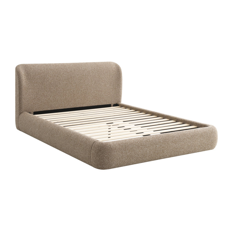 Grand lit en tweed beige foncé Erica, assemblage sans outil, entièrement rembourré, bords arrondis, Grand