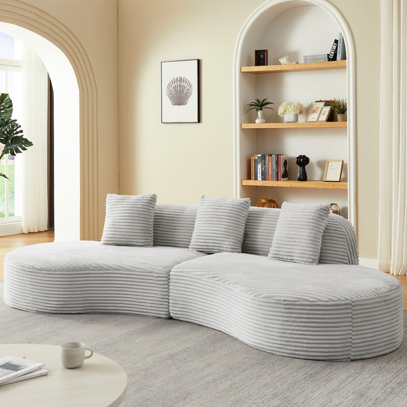 Inviting Grey Compressed Corduroy 4 - Seat Curved Sectional For Living Space, Scatter Cushions, Spring Packed Cushions Quirky