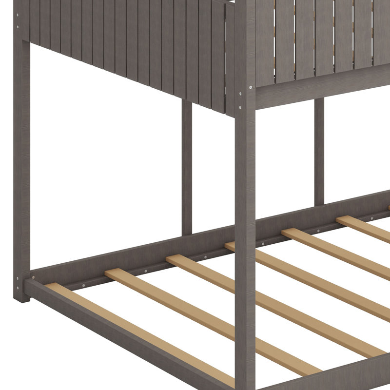 Wood Bunk Bed With Roof, Window, Guardrail, Antique Grey