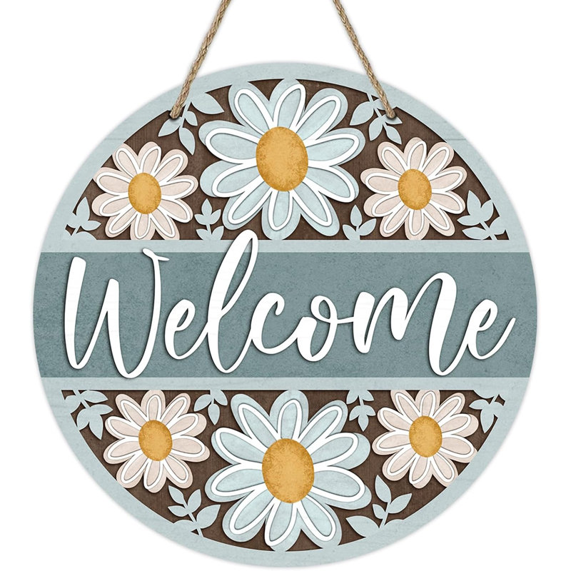 Panneau de porte d'entrée fleuri « Bienvenue printemps-été » avec marguerites, style champêtre, pour décoration extérieure de porche.
