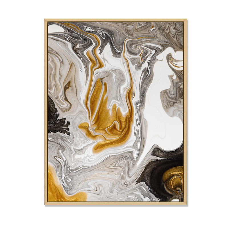 Vague de marbre doré et noir V - peinture sur toile, H 44 po x l 34 po x P 1,5 po, Cadre flottant en érable