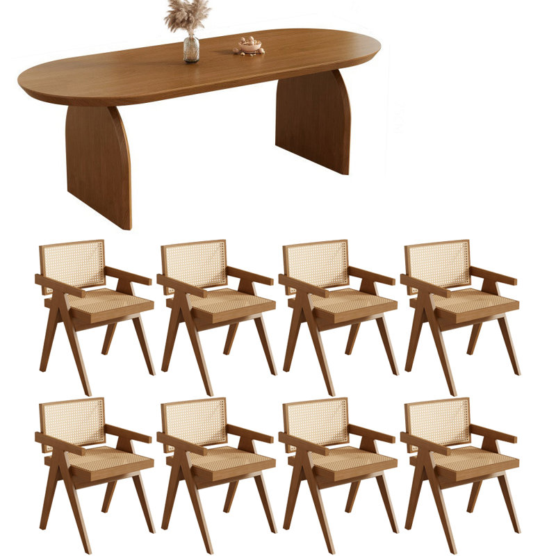 Ensemble de table de salle à manger moderne en bois massif ovale, 9 pièces : table, 8 chaises