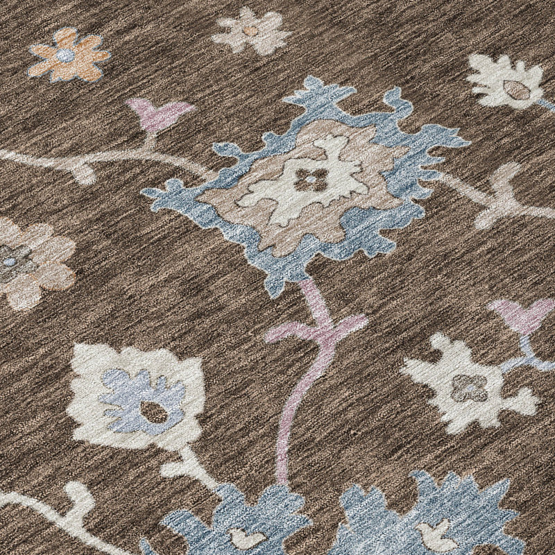 Tapis d'intérieur rond lavable floral 8 pi beige et bleu chocolat