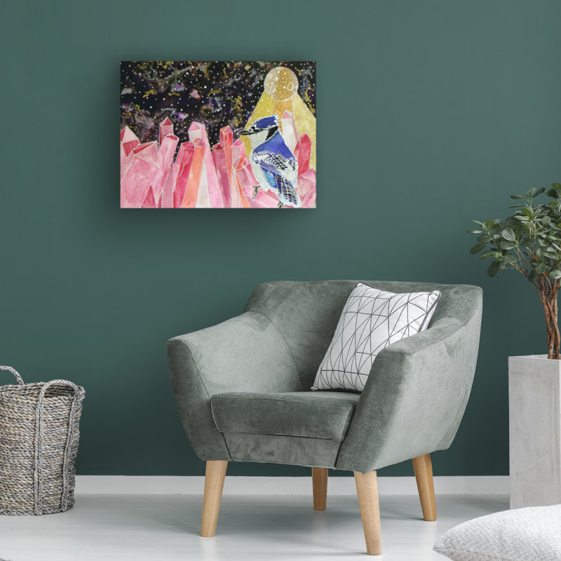Cosmic Crystal Blue Jay Abstract Canvas Art in Pink and Black