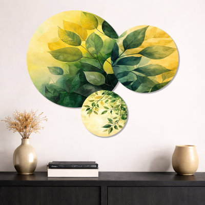 Green Yellow Summer Leaves Foliage Collage I – Botanical Metal Print Wall Art Set of 3