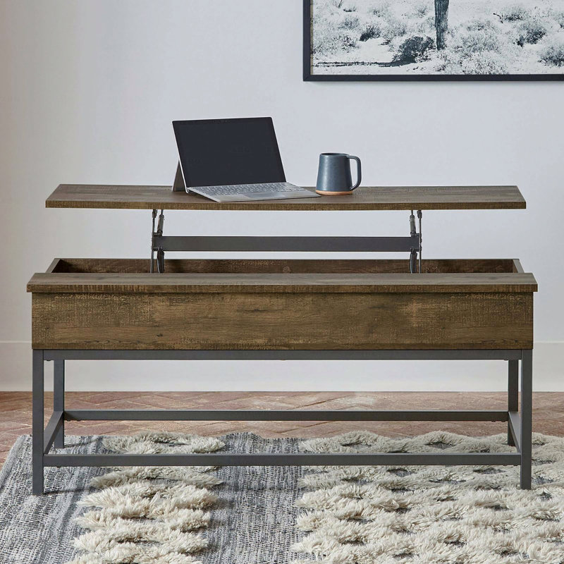 Table basse à plateau relevable en chêne brun avec cadre noir sable