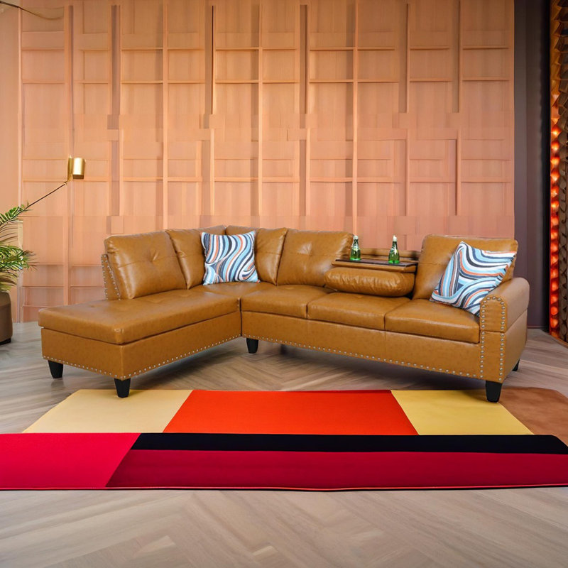 Ginger Brown PU Sectional L shaped Left Hand Facing Sofa, Left Hand Facing