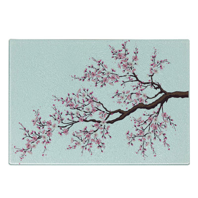 Ambesonne Japanese Tempered Glass Cutting Board Sakura Branch Blossoms Pink Dark Brown