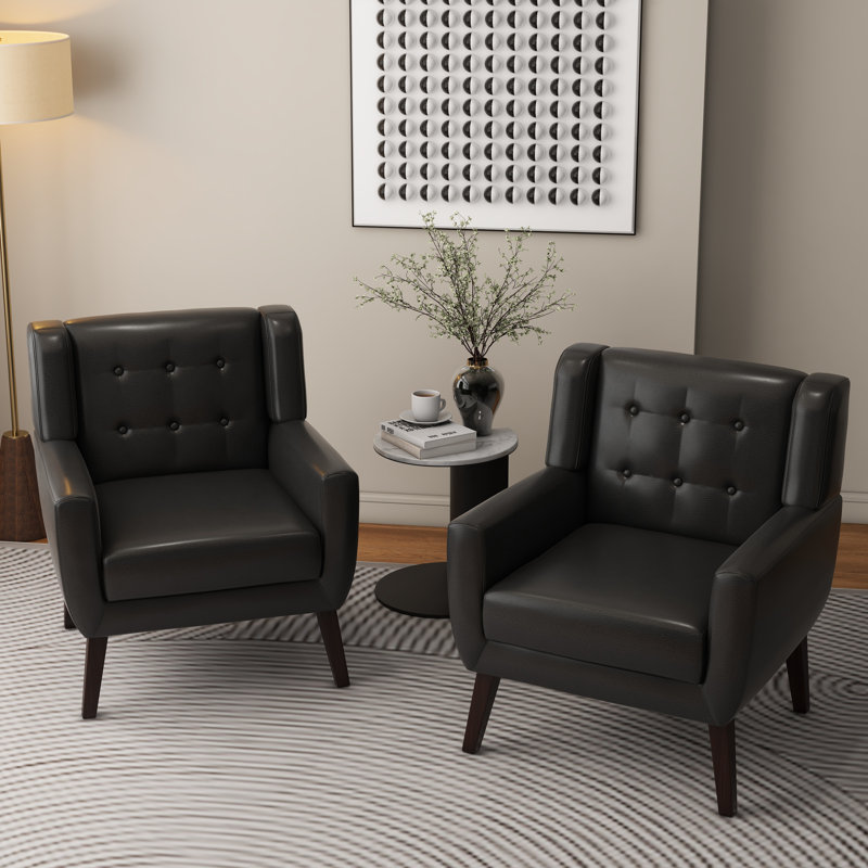 Jaqueze Upholstered Black Faux Leather Tufted Square Arm Accent chair, Black Faux Leather