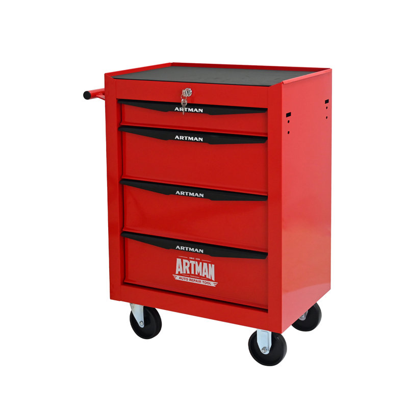 Coffre à outils roulant de 20 pouces avec 4 tiroirs, armoire à outils en acier robuste avec glissières à roulement à billes - Rangement mobile rouge et noir pour atelier de garage