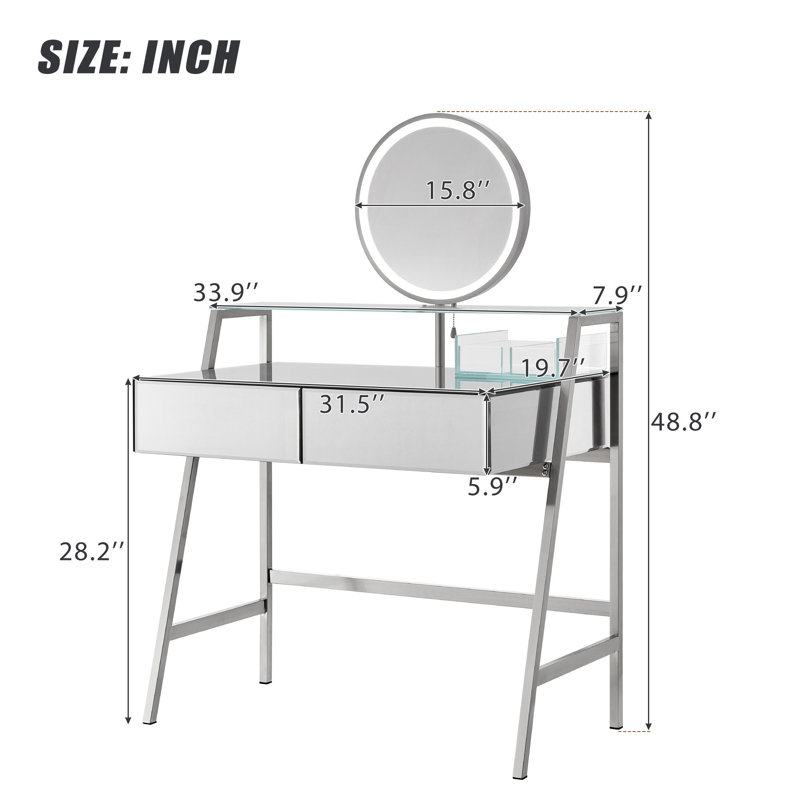 33.9" Mirrored Makeup Vanity Desk With Mirror And Lights, Mirrored Console Vanity Table With 2 Big Drawers & Open Shelf, Dressing Table With Charging Station For Bedroom