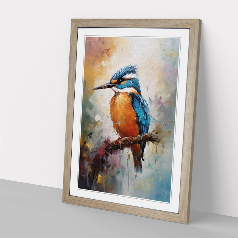 Kingfisher Impressionism - Single Picture Frame Print on Wood, Oak Framed, 46cm H x 34cm W x 2cm D