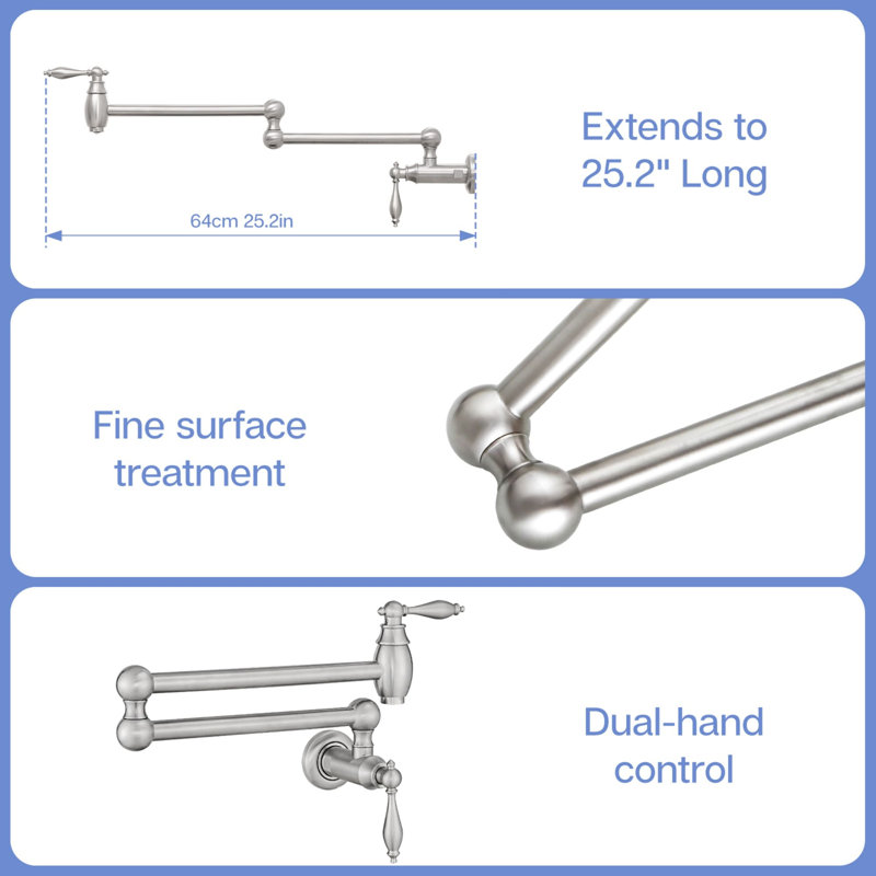 Wall Mount Pot Filler With Swing Arms Single Hole Folding Kitchen Faucet Brass 2 Handle Kitchen Sink Faucets, Brushed Nickel