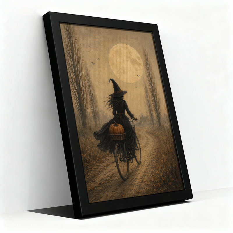 Sorcière à bicyclette avec panier de citrouille sous un art d'Halloween complet, H 30 po x l 20 po