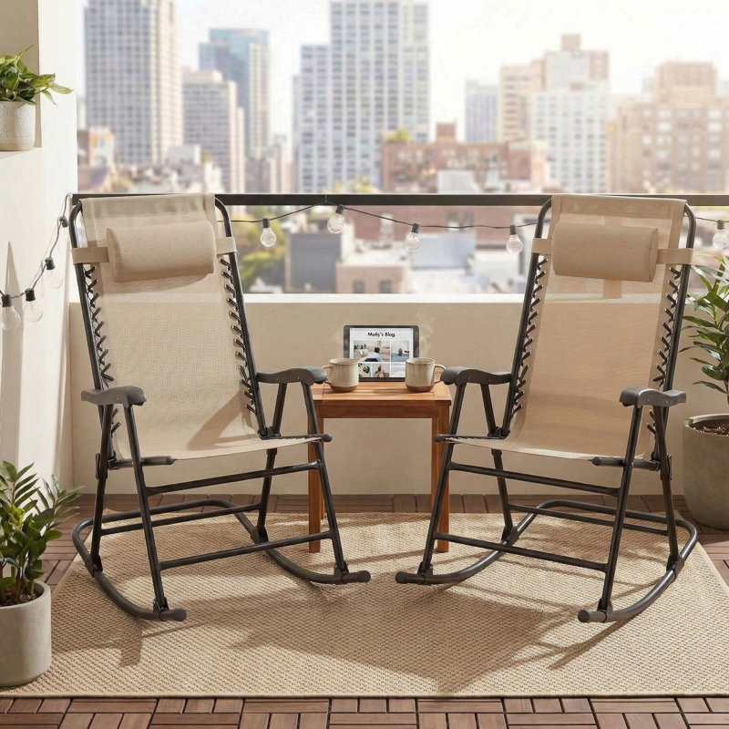 Ensemble de 2 chaises berçantes pliantes pour le patio, Beige