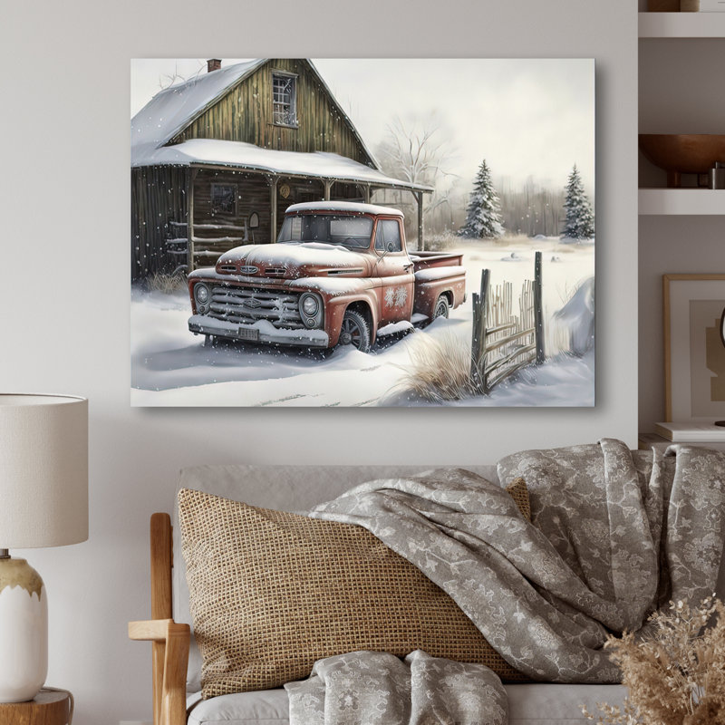 «Old Truck at the Barn in Winter I», peinture sur toile, H 12 po x l 20 po x P 1 po, Toile tendue