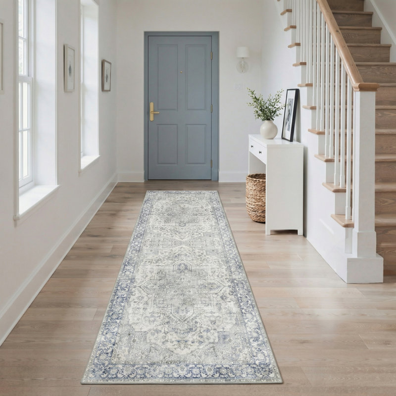 Lumina Traditional Medallion Machine Washable Blue / Grey Indoor Area Rug with Non-Slip Backing, Runner 2'6" x 8'