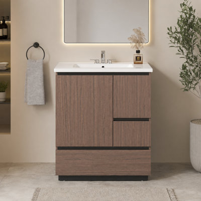 30" Freestanding Single Bathroom Vanity with Ceramic Sink and Power Station, Drak Walnut