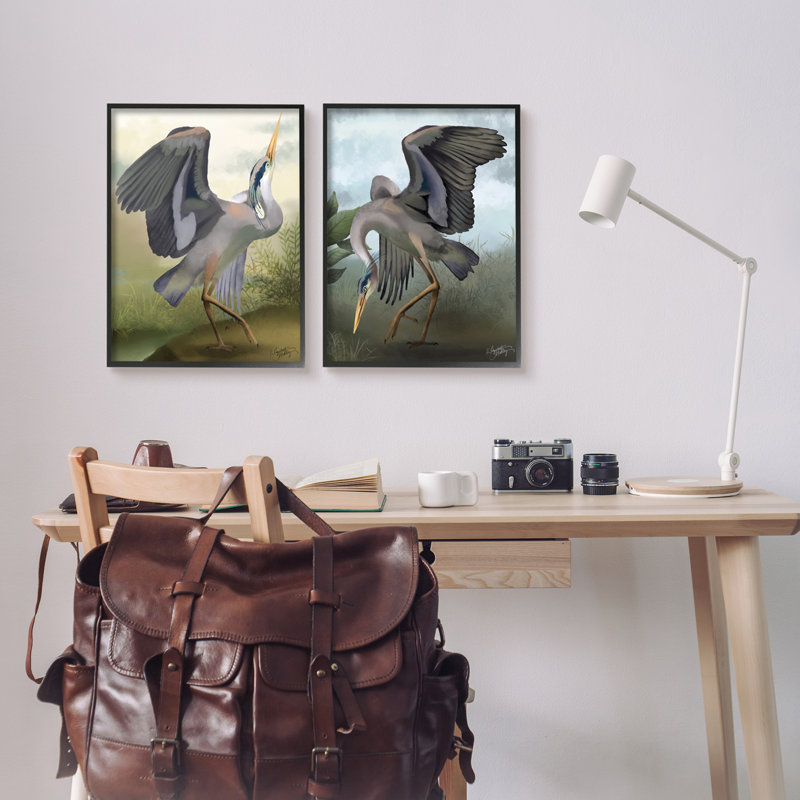 Crane Dance Landscape, impression sur bois encadrée 2 pièces, Giclée encadrée noir minuit, H 20 po x l 32 po x P 1,5 po