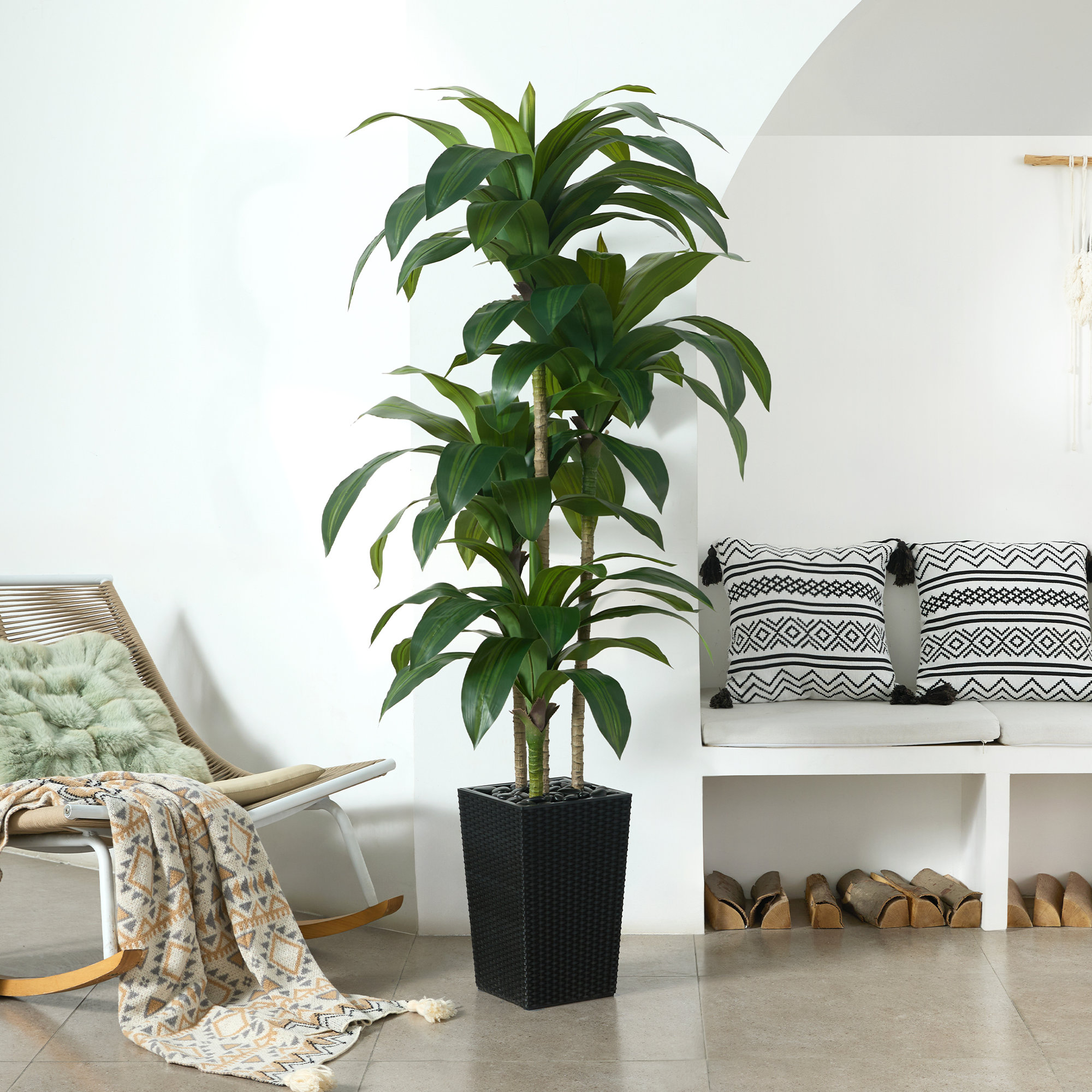Adcock UV Resistant Artificial Green Dracaena Tree, Faux Tree with Large Base for Indoor Outdoor, 72" H x 24" W x 24" D