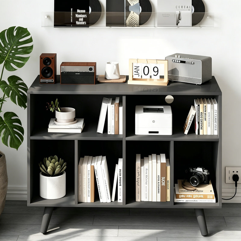 Record Player Stand with Vinyl Storage, 6 Comartment Storage Farmhouse Record Player Table, Up to 350 Albums Modern Turntable Stand for Music Studio&Living Room, Black